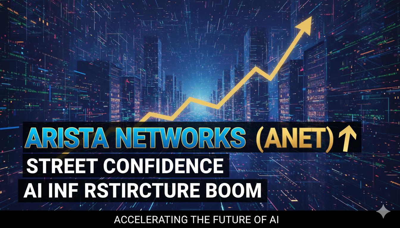 Stock chart of Arista Networks with upward trend overlayed on AI data center servers.