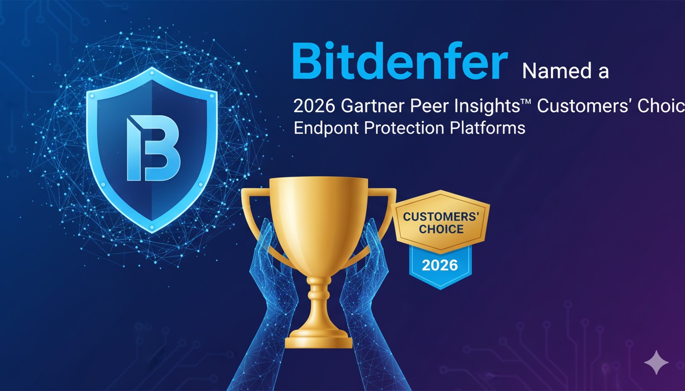 Bitdefender GravityZone platform interface displaying endpoint security dashboard with threat detection metrics and Gartner Peer Insights Customers' Choice badge