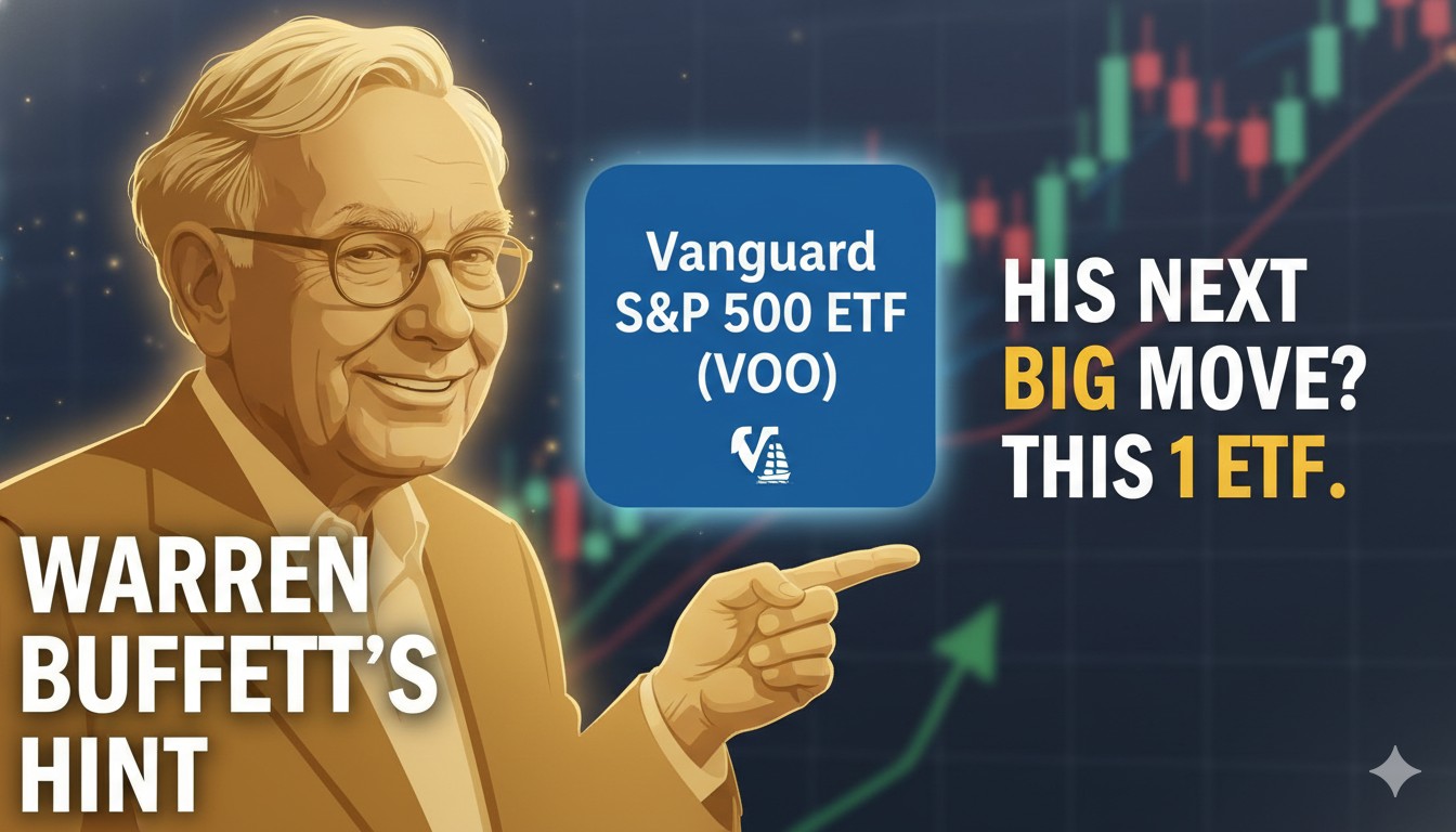 Warren Buffett portrait with Vanguard ETF charts in background
