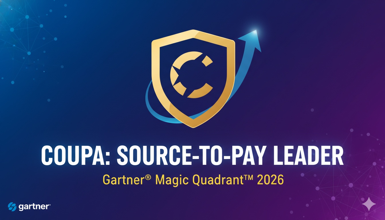 Illustration of Gartner Magic Quadrant graph with Coupa positioned as a top leader in Source-to-Pay Suites.