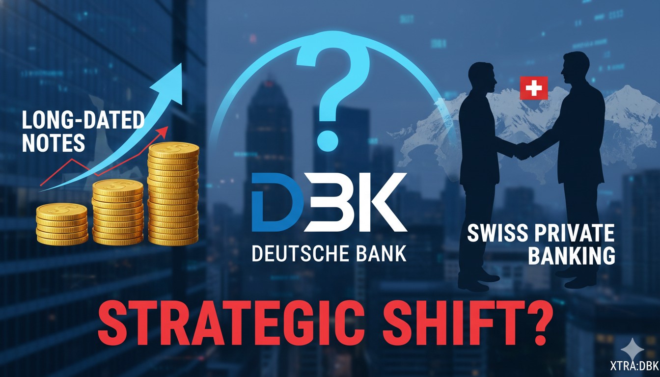 Deutsche Bank headquarters building in Frankfurt with financial charts overlay