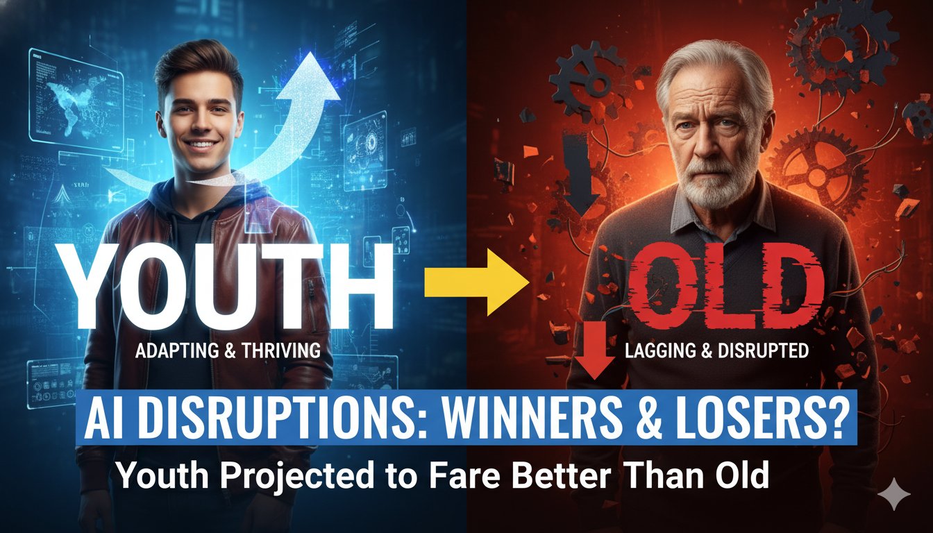 Illustration of young professionals adapting to AI technology while older workers face challenges