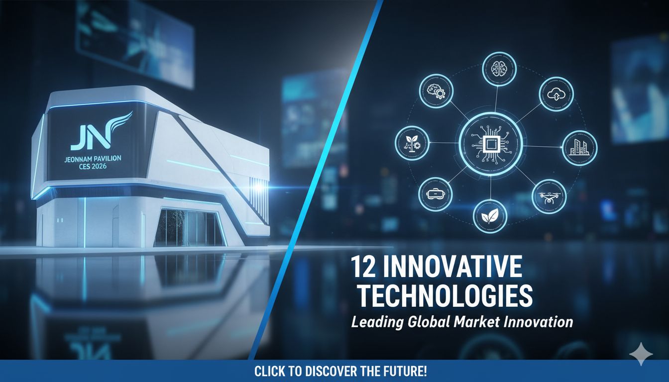 Crowded exhibition hall with futuristic tech displays at Jeonnam Pavilion during CES 2026