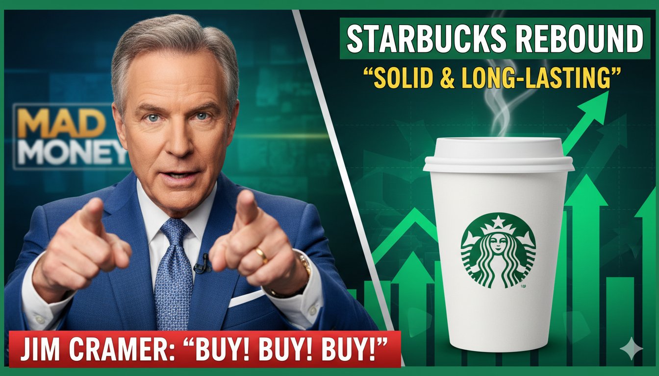 Jim Cramer on CNBC set discussing positive outlook for Starbucks stock turnaround