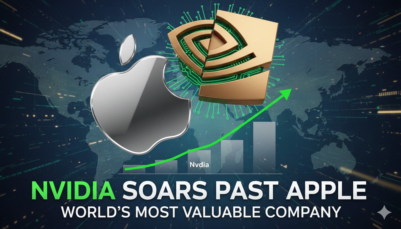 Nvidia logo overlay on rising stock chart surpassing Apple
