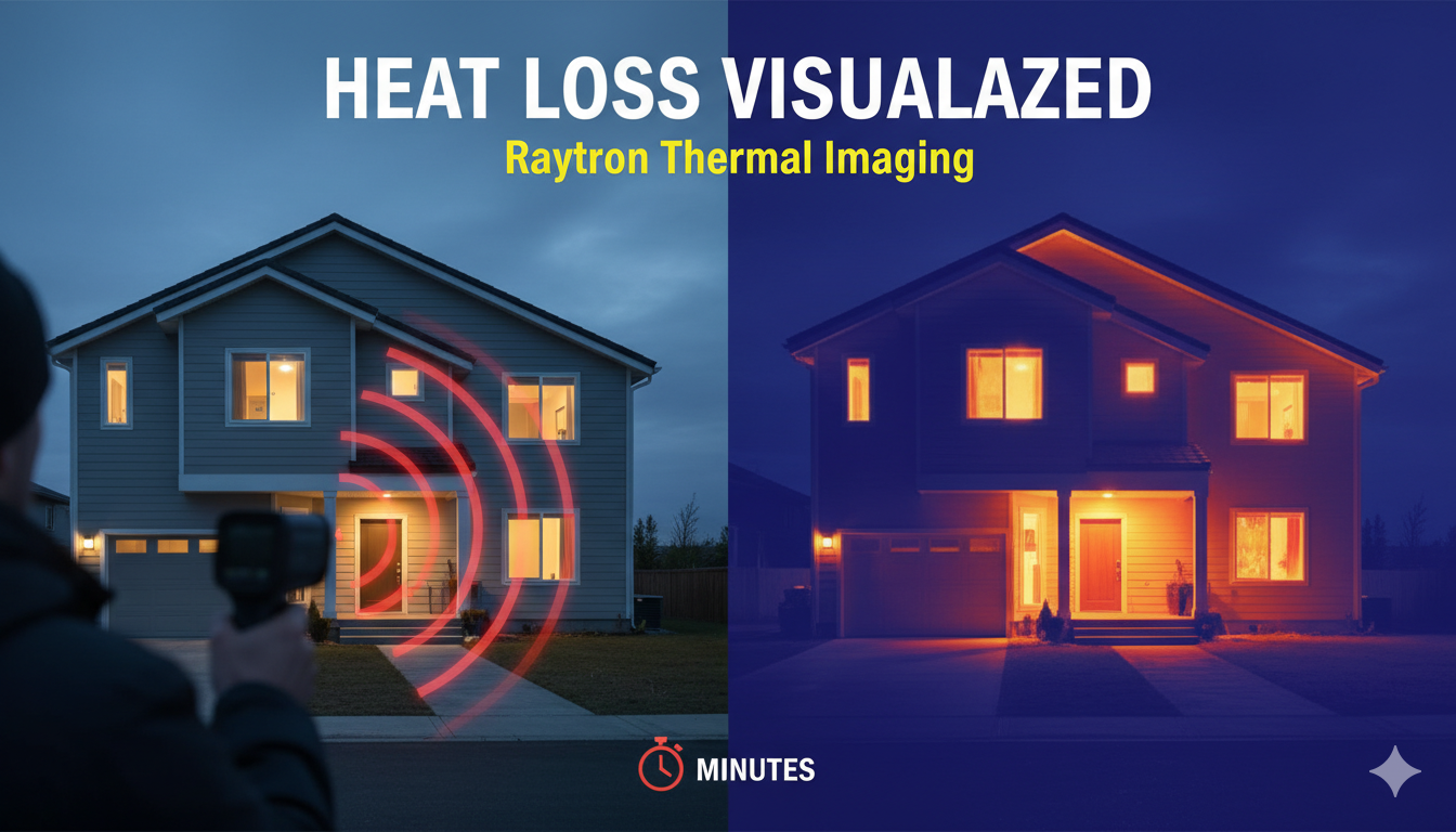 A handheld thermal camera displaying a colorful infrared image of a building wall, highlighting bright areas of heat loss around windows and doors against a cooler background.