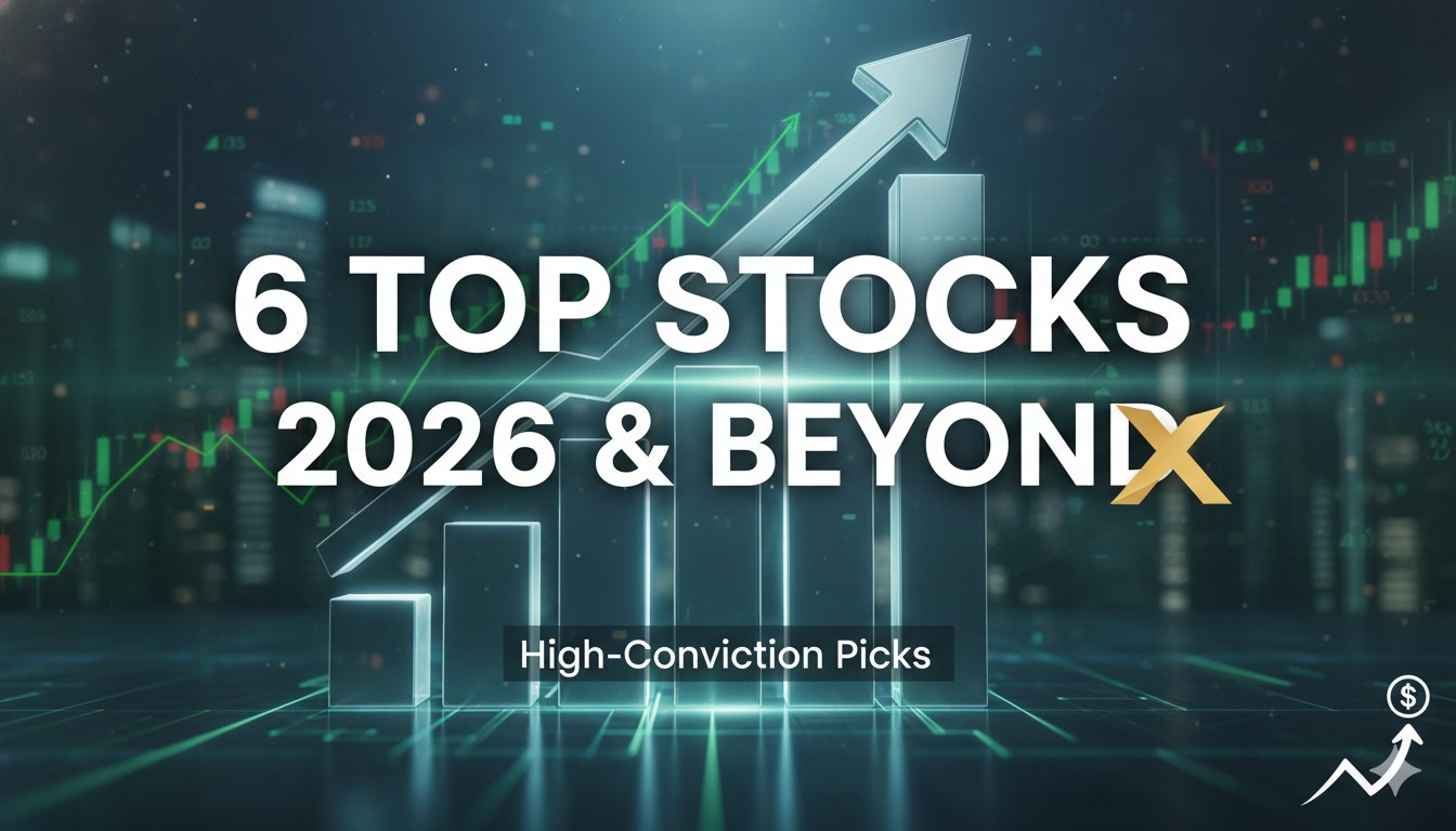 Six stock tickers on a rising financial chart background