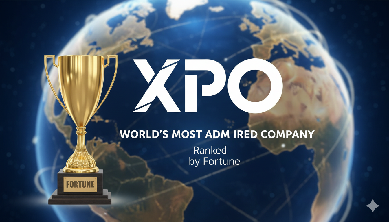 Modern XPO freight truck navigating a highway at dusk