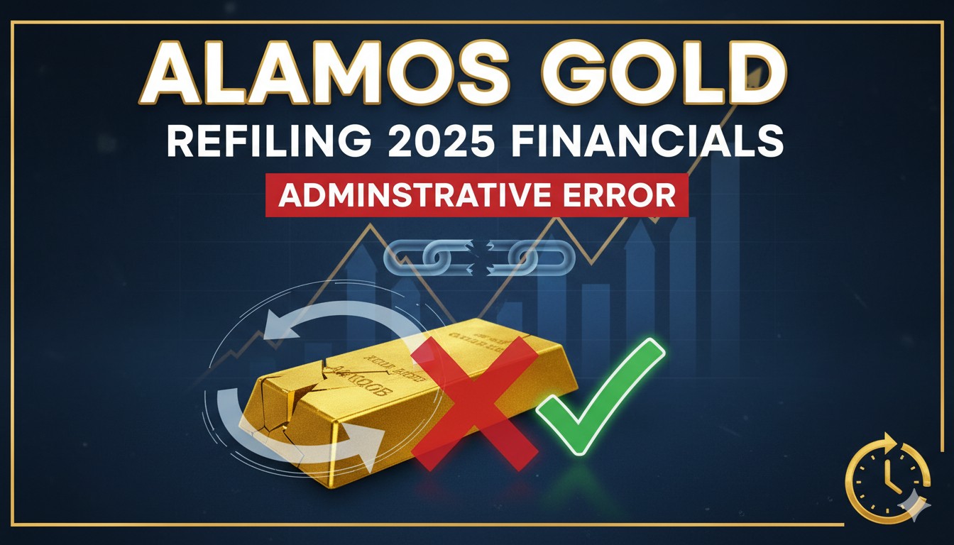 Alamos Gold corporate logo with gold bars and mining equipment in background representing financial reporting and gold production