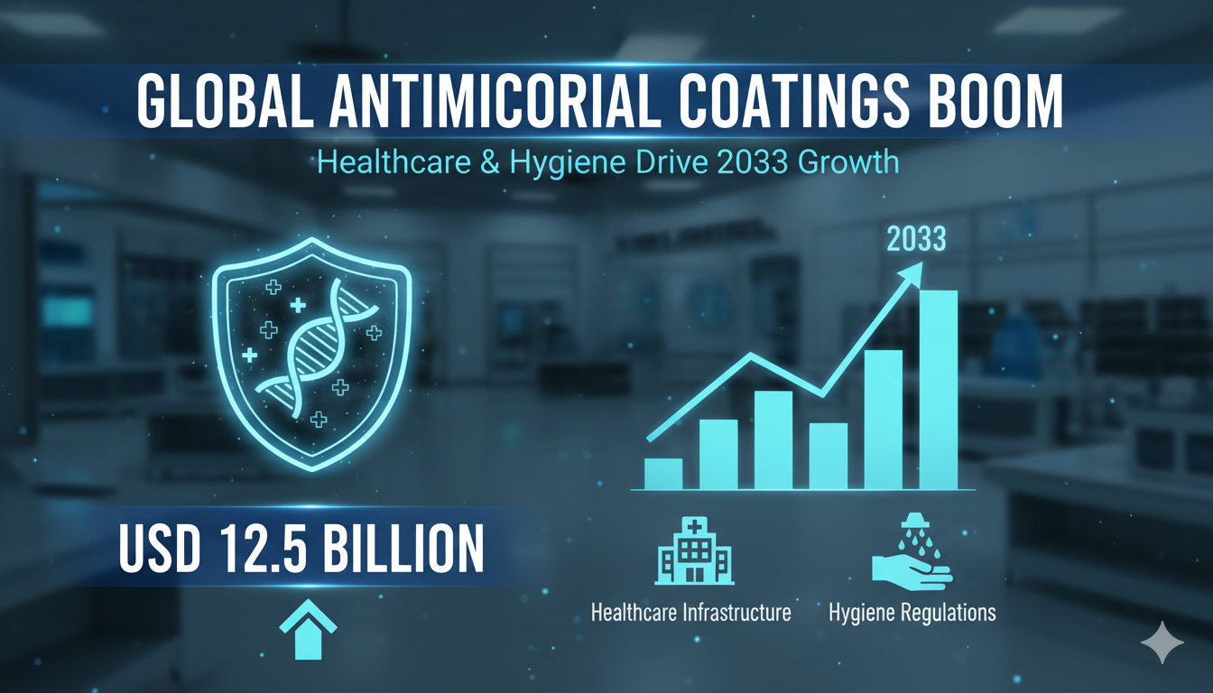 Graph showing growth of global antimicrobial coatings market reaching USD 12.5 billion by 2033 with key drivers in healthcare and regulations