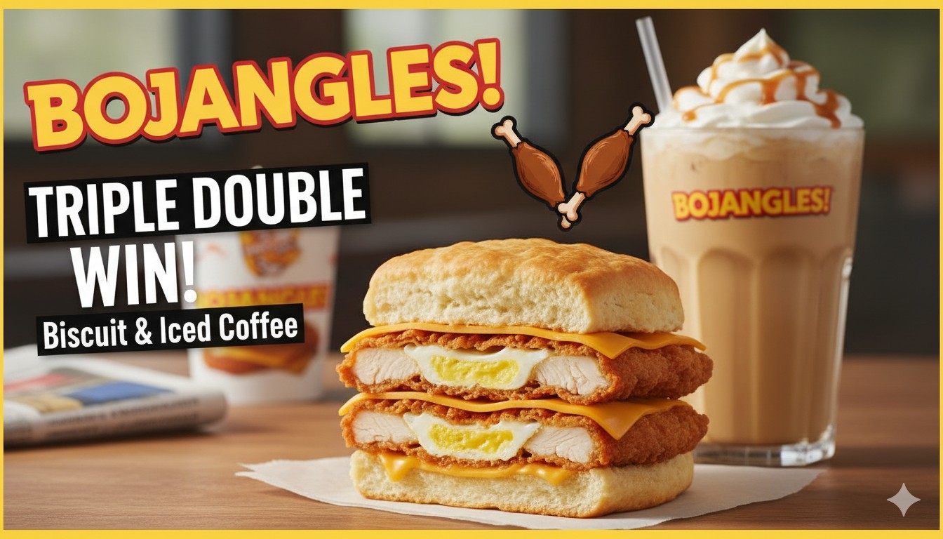 Close-up of Bojangles Triple Double Biscuit stacked with bacon, sausage, egg, and cheese on a buttermilk biscuit next to a tall Iced Coffee