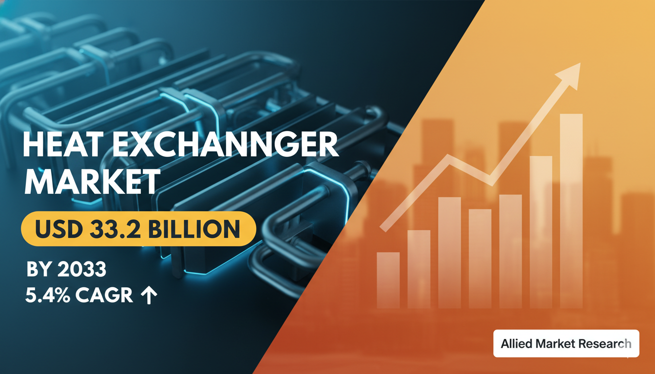 Global heat exchanger market growth chart showing projection to $33.2 billion by 2033 with 5.4% CAGR