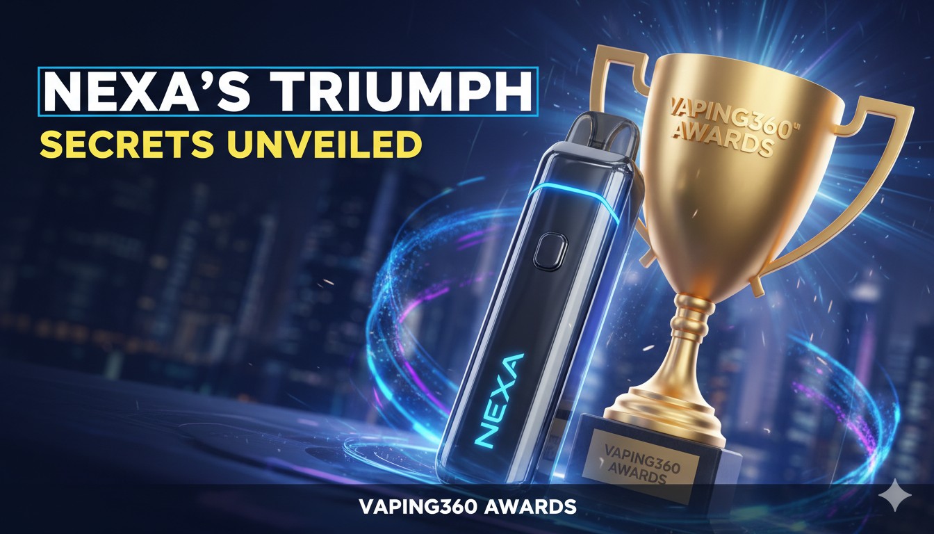 NEXA ULTRA II and PIX disposable vapes displayed with award trophies from VAPING360 Awards 2025