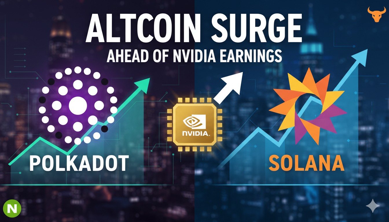 Polkadot and Solana cryptocurrency logos with upward trending charts against a background of digital financial graphs and Nvidia stock elements