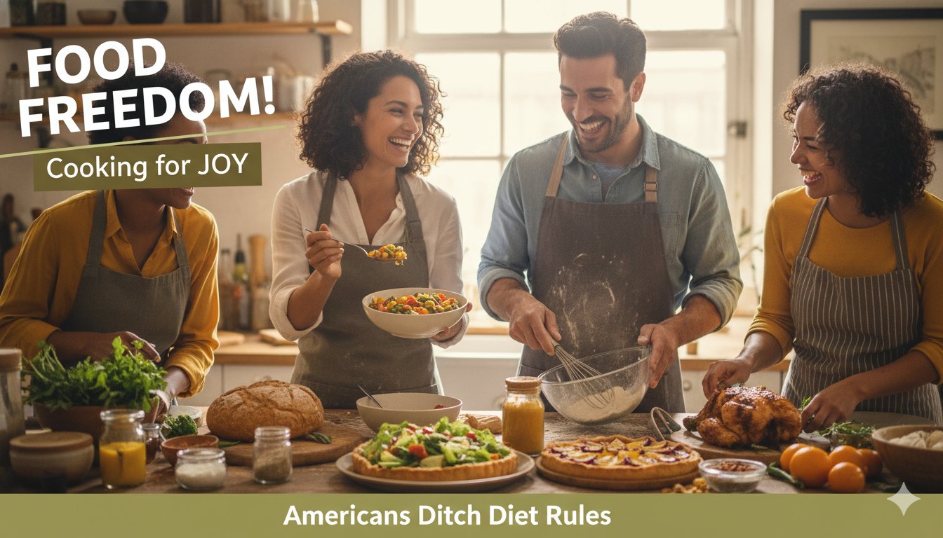 Diverse group of Americans in a lively kitchen preparing fresh, colorful meals with smiles and engagement