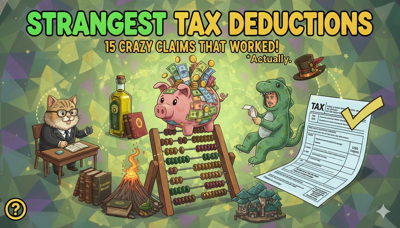 Illustration of bizarre tax deduction items including a clarinet, cat food bowl, and swimming pool