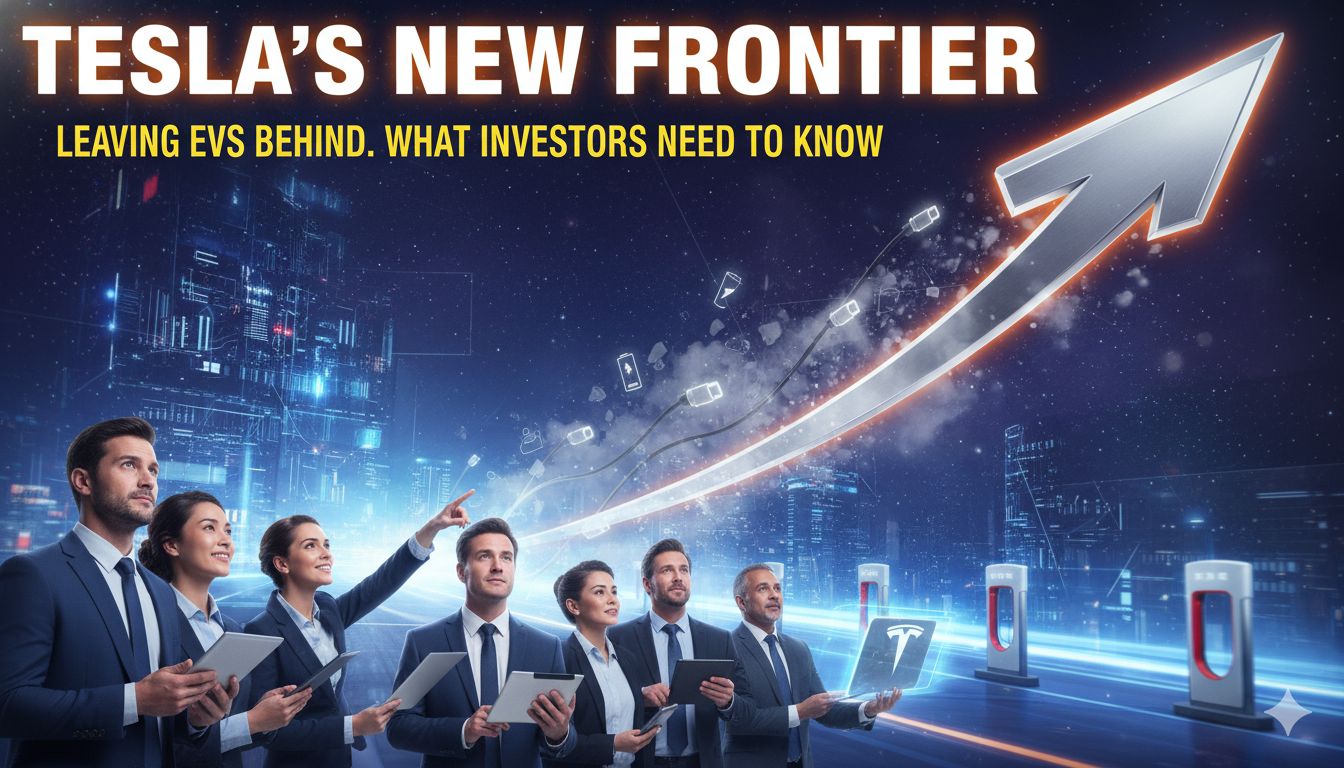 A futuristic rendering of Tesla's Optimus humanoid robot alongside a Cybercab robotaxi in a modern cityscape, symbolizing the company's shift from EVs to AI and autonomy.