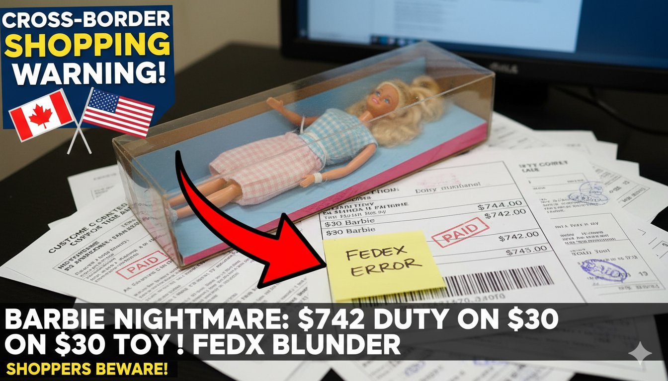 A close-up of a colorful Barbie doll in packaging next to a stack of unexpected high tariff invoices and a FedEx shipping label, symbolizing surprise customs fees on cross-border purchases.