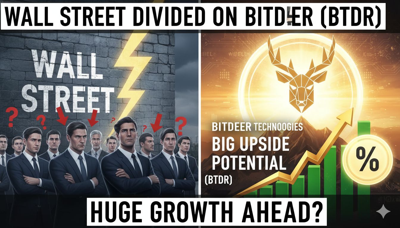 Alt Text for featured image Conceptual illustration of Wall Street analysts' divided opinions on Bitdeer Technologies (BTDR) stock, showing upward arrows for upside potential alongside caution symbols.