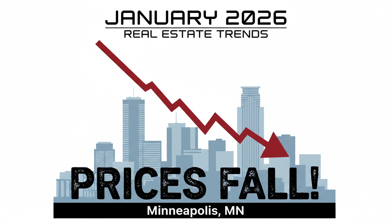 Alt Text for featured image : Chart showing declining median home prices in Minneapolis, MN for January 2026, with downward arrow and city skyline background.