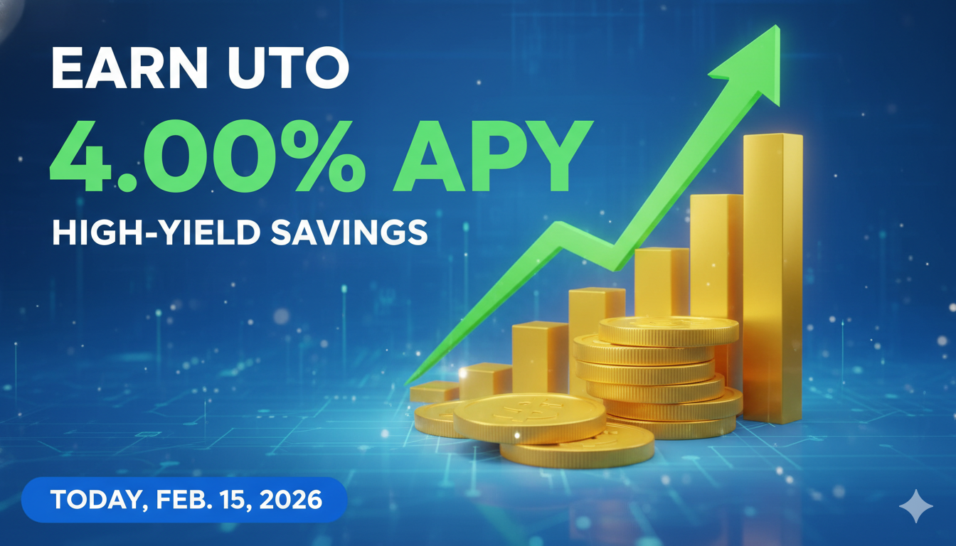 Graph showing top high-yield savings account APY rates up to 5.00% as of February 15, 2026, with comparison to national average
