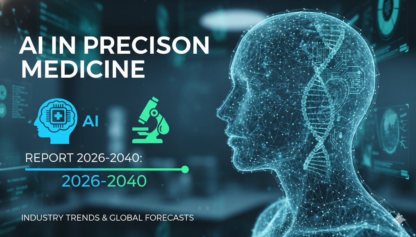 Futuristic digital visualization of AI analyzing DNA strands and patient data for precision medicine applications.