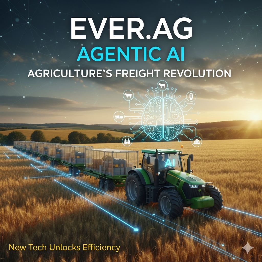 Modern agricultural freight truck transporting bulk grain on rural highway with digital AI overlay representing agentic intelligence in logistics