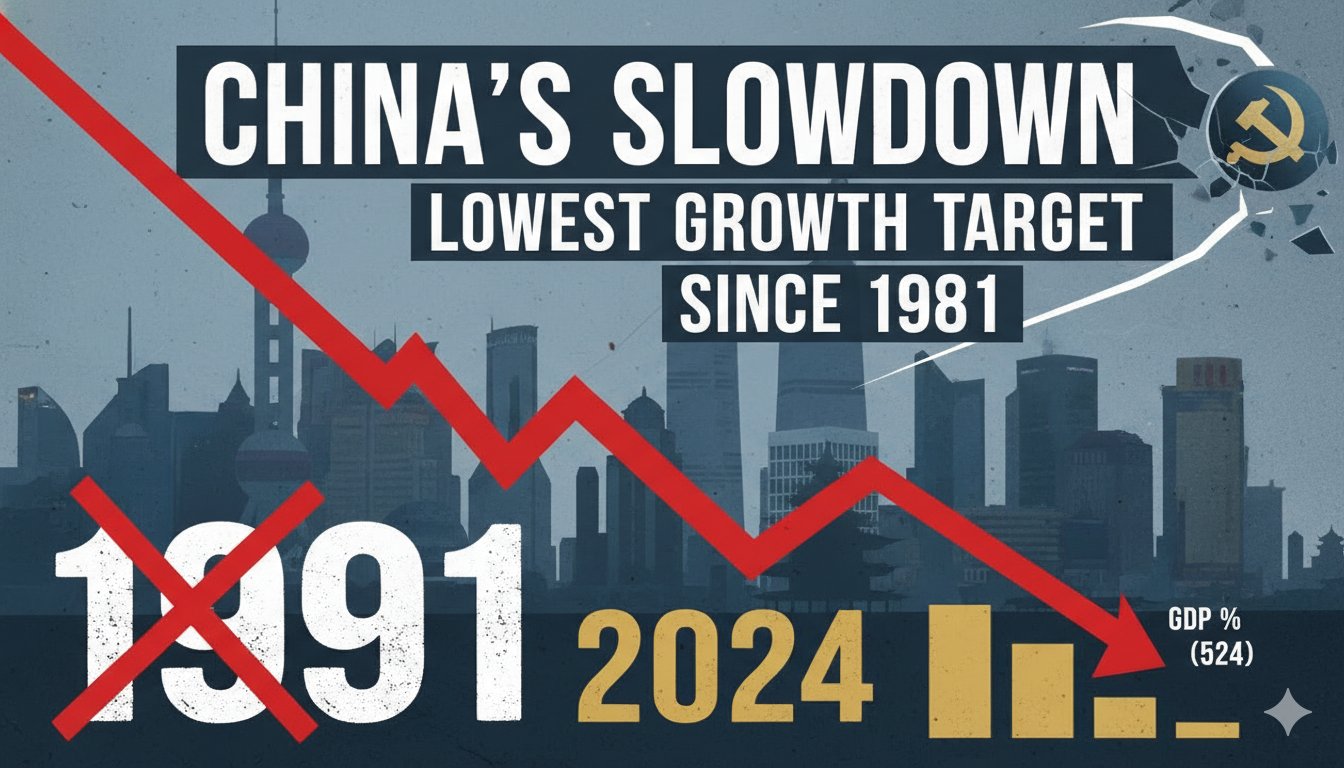 Chart showing China's declining GDP growth targets over decades, highlighting the 2026 range of 4.5-5% as the lowest since 1991.