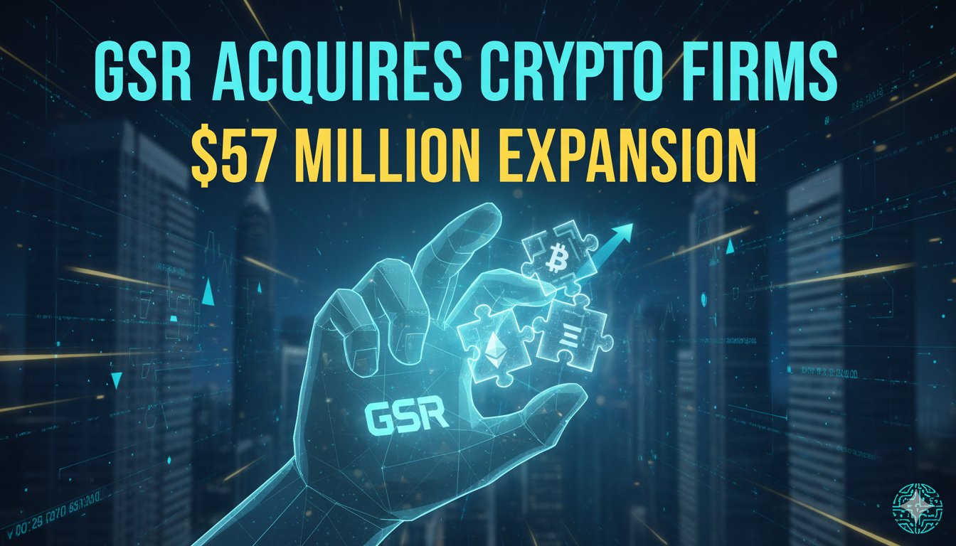 GSR logo with cryptocurrency symbols and acquisition handshake representing $57 million deal for Autonomous and Architech
