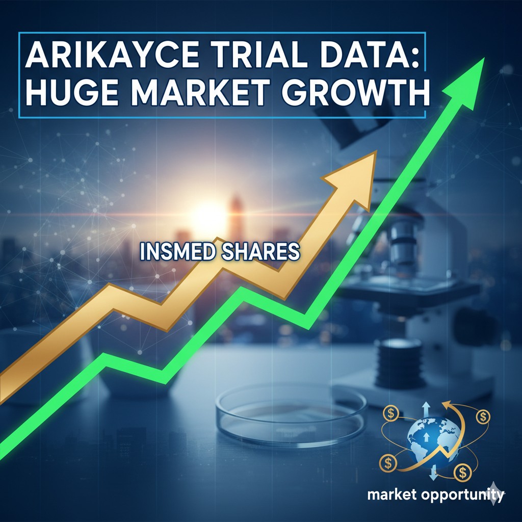 Insmed logo with rising stock chart overlay and medical lung illustration representing ARIKAYCE trial success in MAC lung disease
