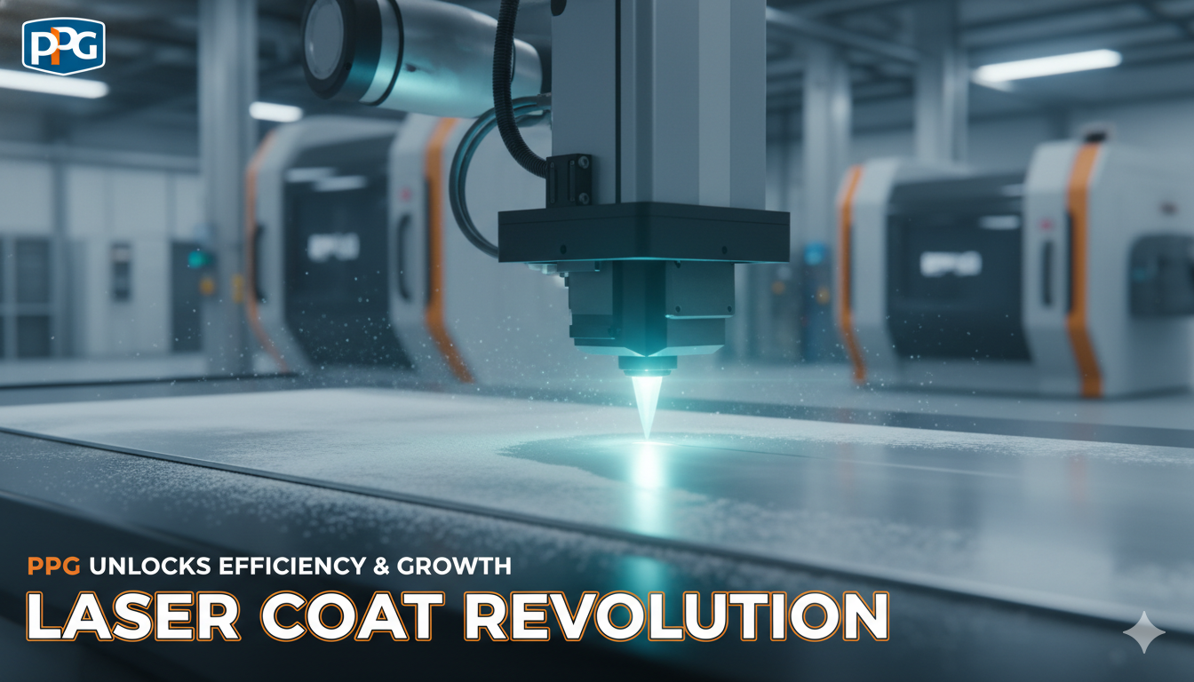 Industrial powder coating application line with laser curing system in operation at manufacturing facility