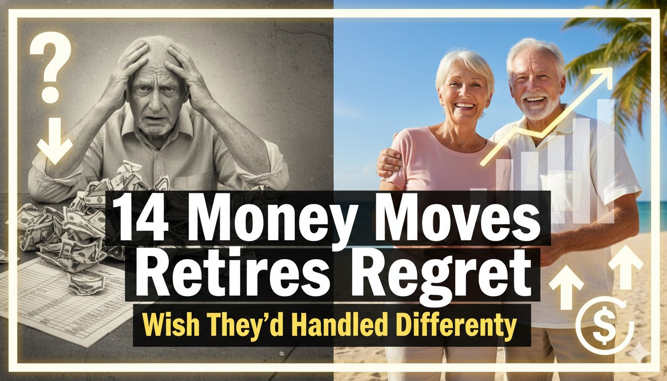 Illustration of a thoughtful senior couple reviewing financial documents and retirement savings charts, symbolizing reflection on past money decisions.