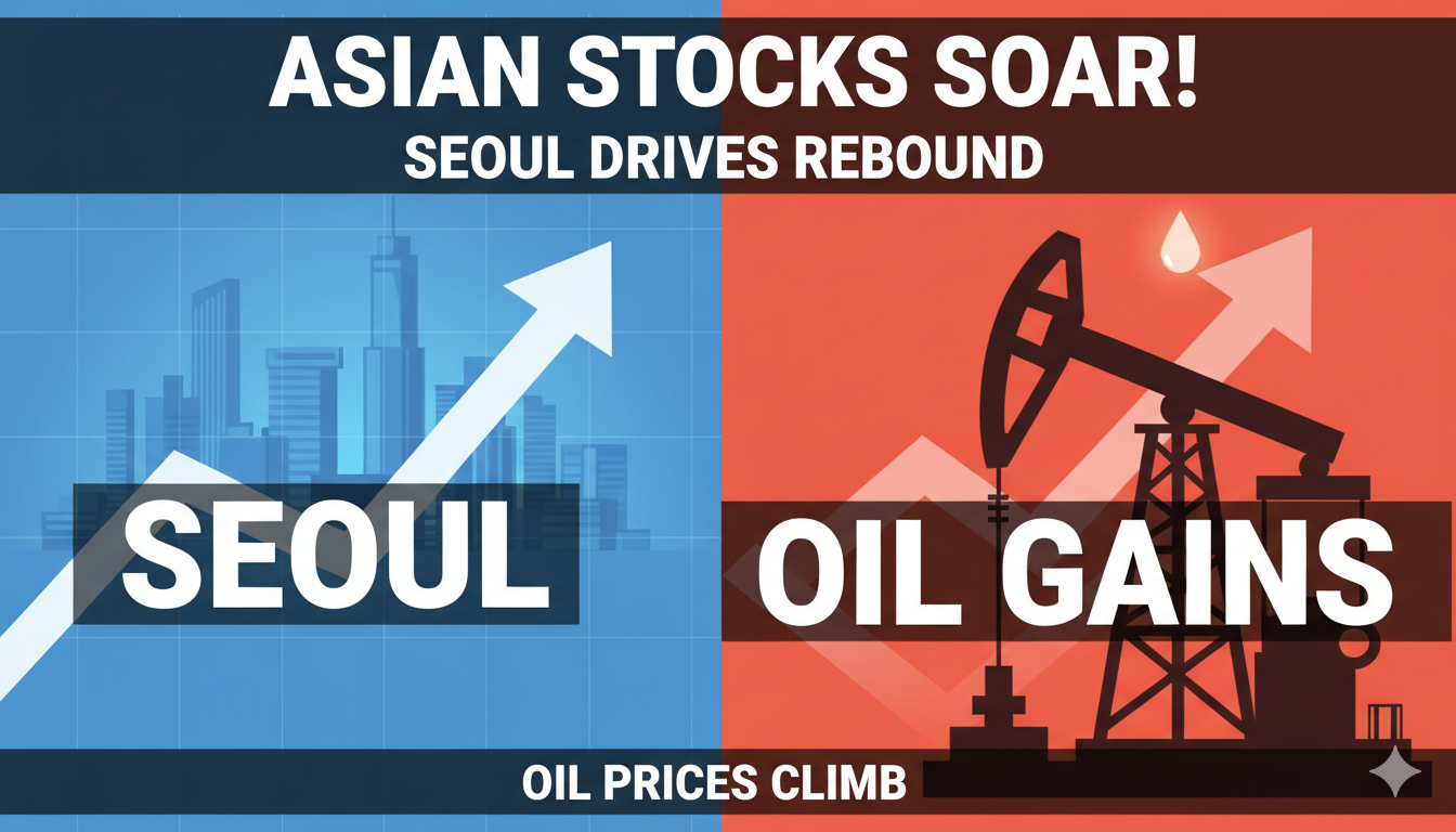 Seoul skyline with Kospi stock index chart showing sharp rebound and rising oil barrels in background representing Asian market recovery and energy gains