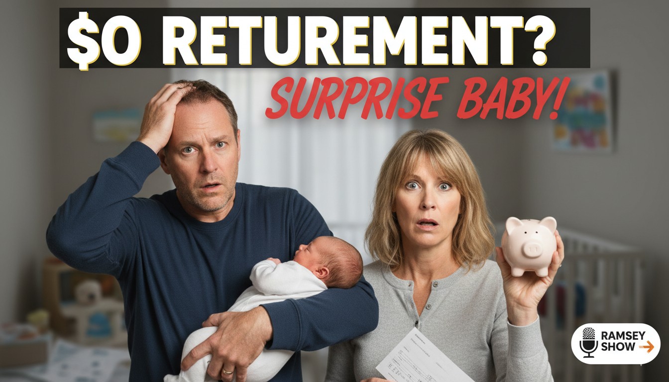 A middle-aged couple in their 40s holding a newborn baby while reviewing financial documents and a piggy bank, symbolizing late-start retirement planning challenges and hope.