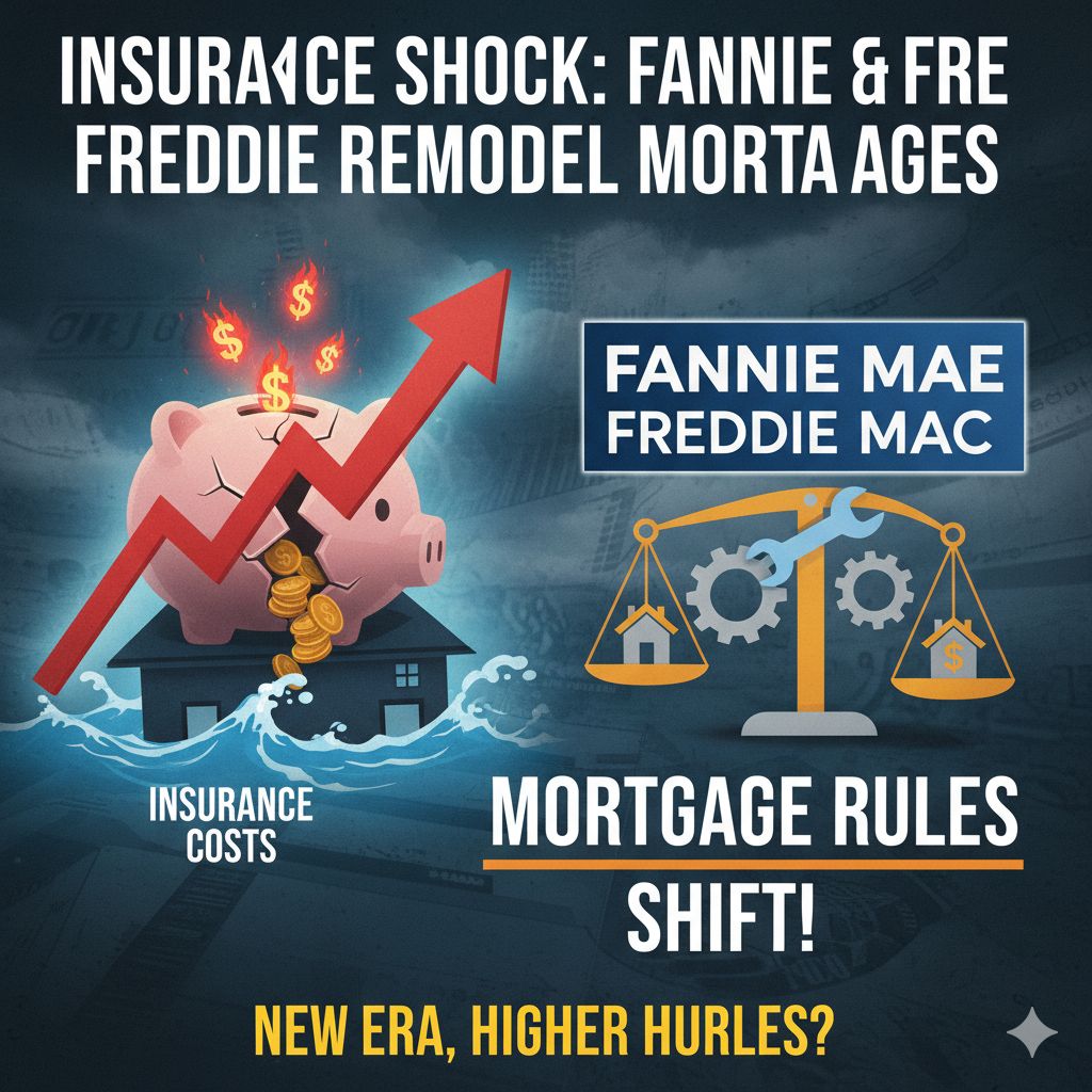 Graph showing rising homeowners insurance premiums alongside Fannie Mae and Freddie Mac policy adjustment announcement for mortgage eligibility