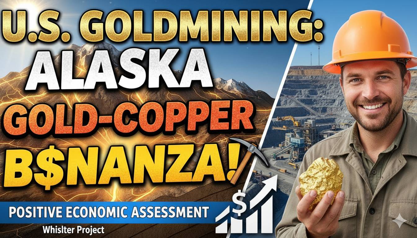 Open-pit gold-copper mining operation in Alaska landscape with heavy machinery and mountainous terrain